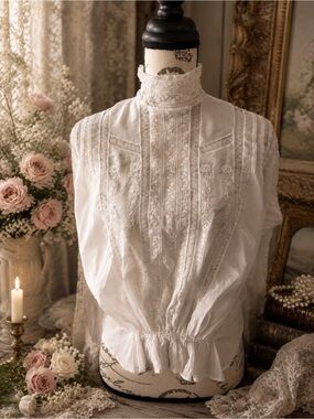 Antique Edwardian White Embroidered Lace High Neck Blouse c. 1895-1910